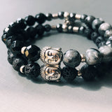 Stacked Crystal Namaste Buddha Bracelet with Lava, Larvikite, Hematite & Onyx Beads