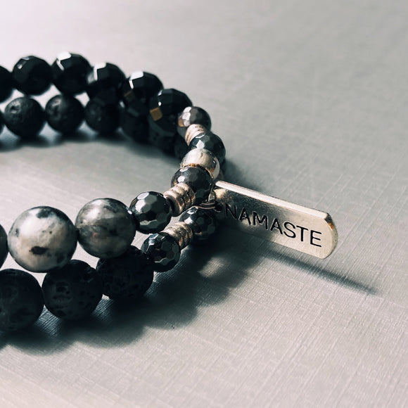 Stacked Crystal Namaste Buddha Bracelet with Lava, Larvikite, Hematite & Onyx Beads