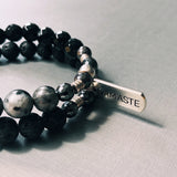 Stacked Crystal Namaste Buddha Bracelet with Lava, Larvikite, Hematite & Onyx Beads